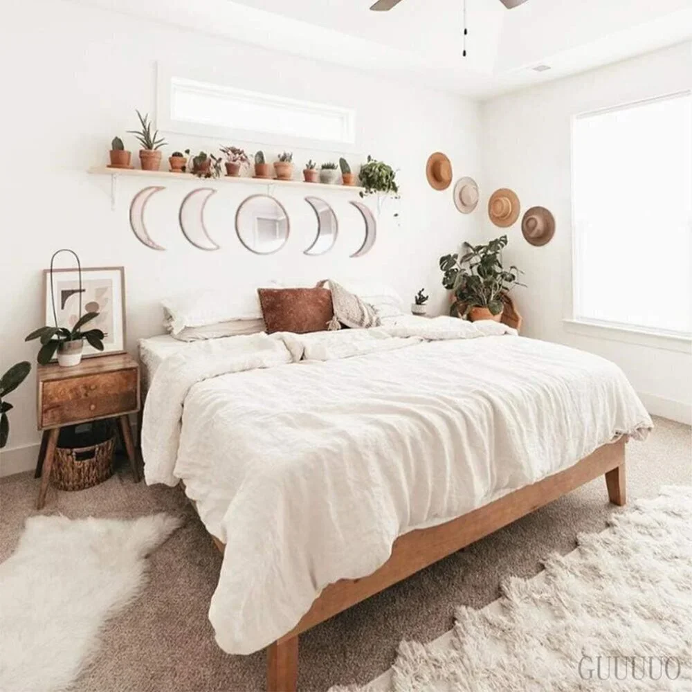 🆕Natural Wall Decorative Mirror Interior Design Wooden Moon Phase Living Room